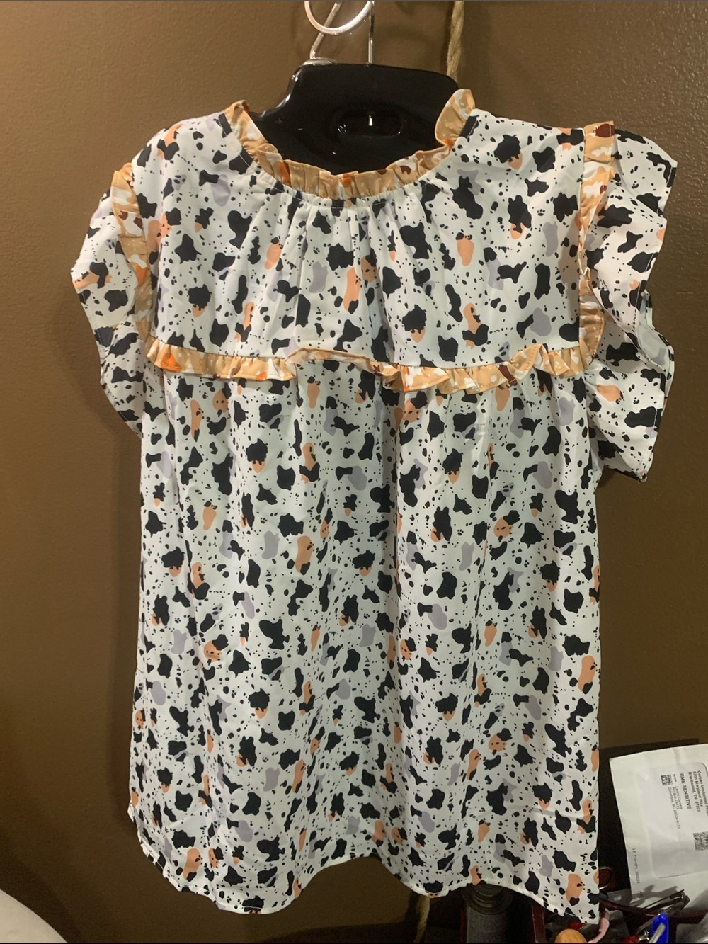 Women’s ' Ruffle Yoke top in White with Black and Peach Spots